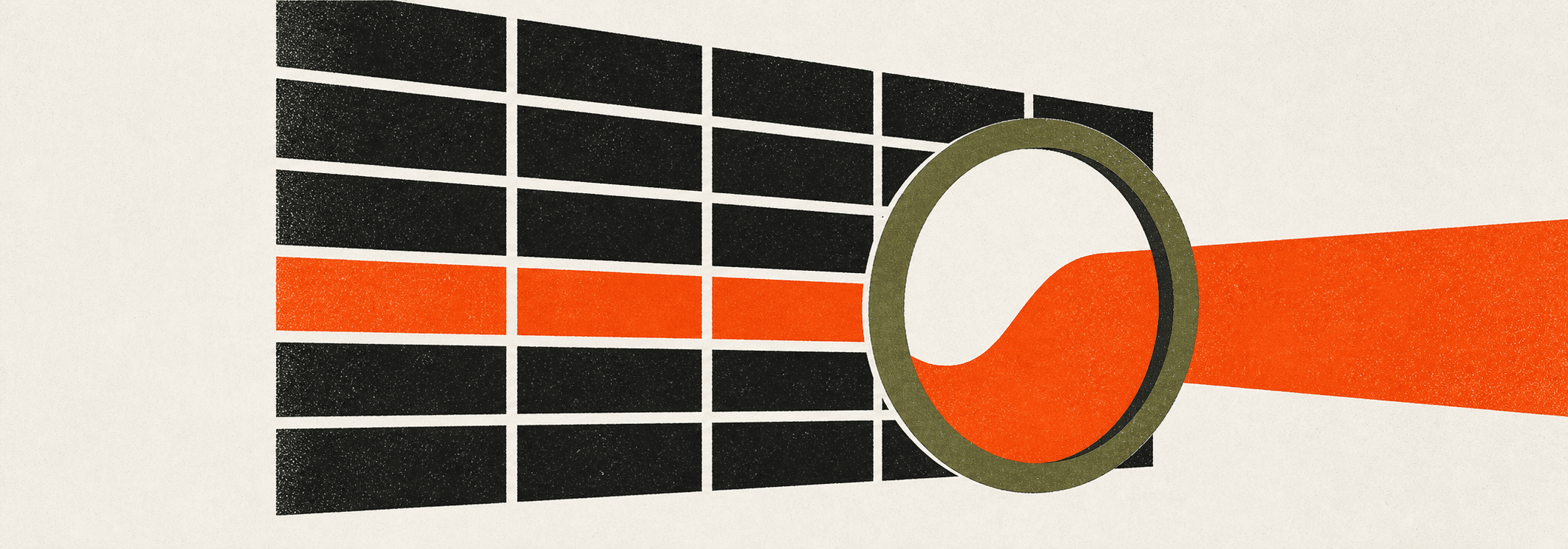 A screen-printed ledger with an overdue line passing through a research lens.